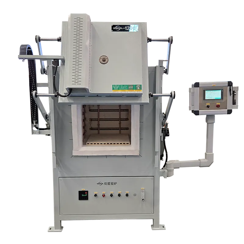 1000°C laboratory box type muffle furnace with pneumatic top opening, PID programmable control, high temperature uniformity, 1-year warranty and lifetime after-sales support