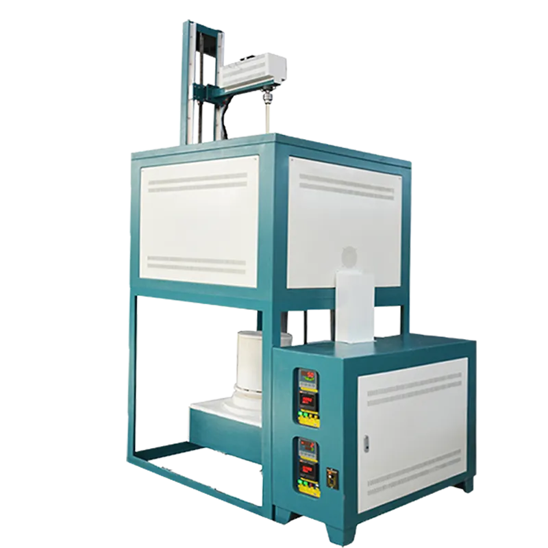 17-liter frit furnace with stirring function, featuring dual temperature control heating, lifting-type crucible access, and three-phase 380V power supply.